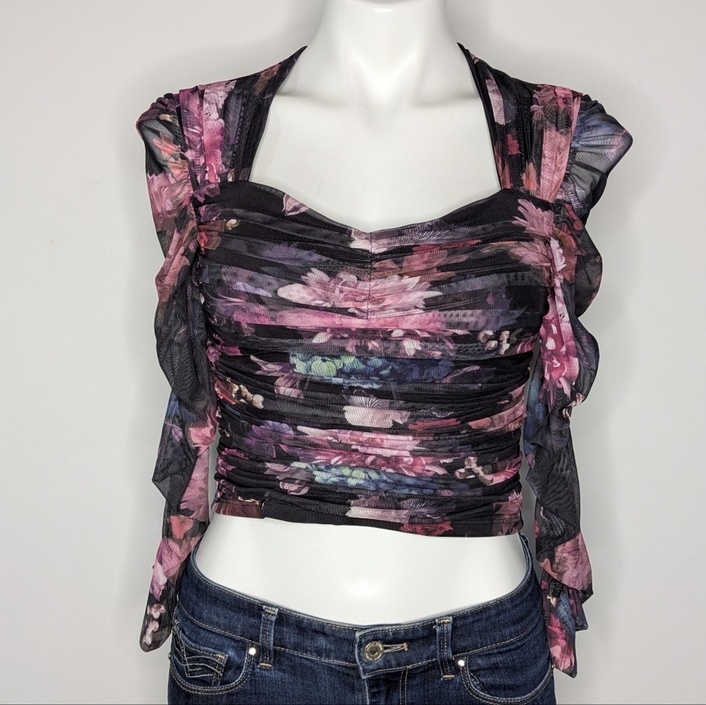 Express Black Pink Floral Chiffon Ruched Sleeve Gathered Bodice Crop Top S